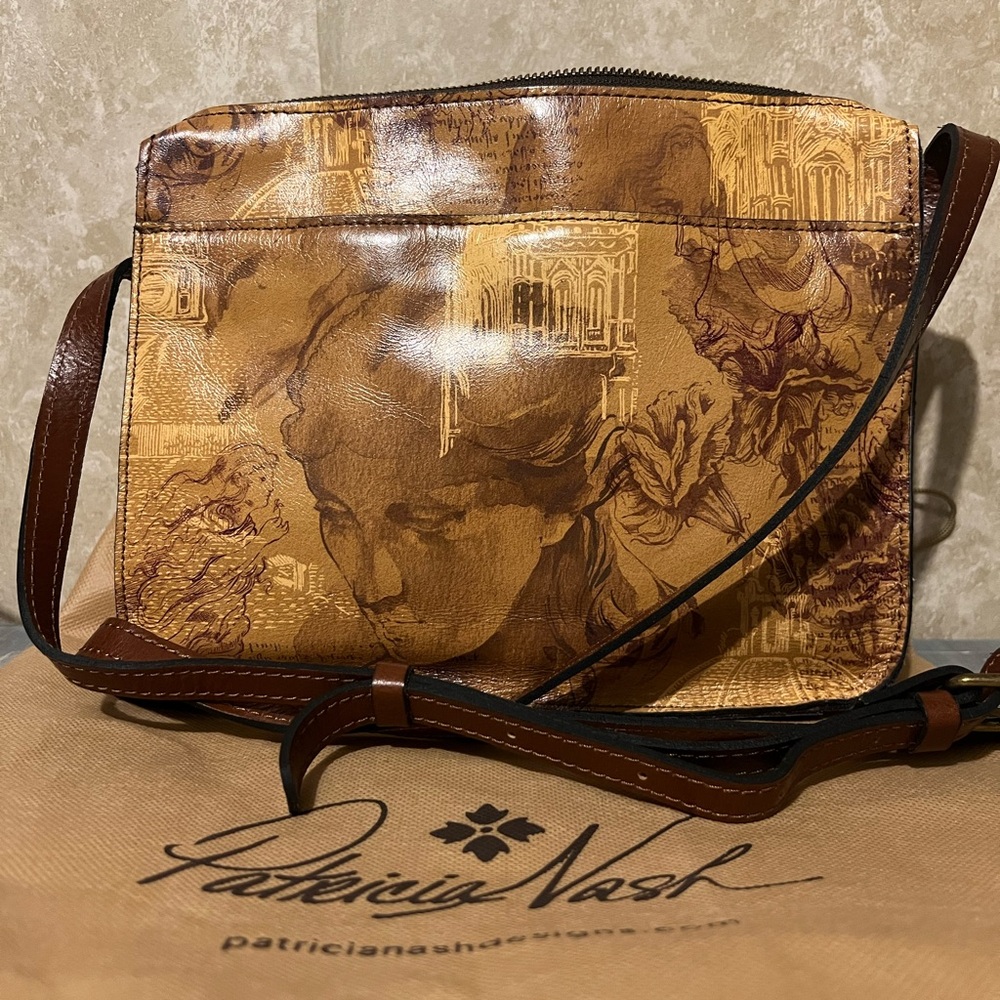 EUC~Patricia Nash Vallata “Italian Sketchbook” Gold and Brown Crossbody Bag